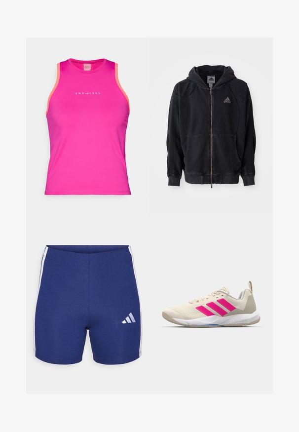 Moletom com fecho éclair da Adidas, na cor preta, com capuz, bolsos frontais, três riscas nas mangas e logotipo da Adidas no lado esquerdo do peito.; Endless ESSENTIAL - Top - deep fucsia; Calções de atletismo azuis de marinha feitos de tecido elástico, com riscas brancas nas laterais e o logótipo refletor da Adidas na perna esquerda.; Sapata atlética bege com logotipo de três riscas cor-de-rosa, parte superior em malha texturizada, colarinho acolchoado e sola de borracha branca, apresentando a marca "LIGHTSTRIKE".