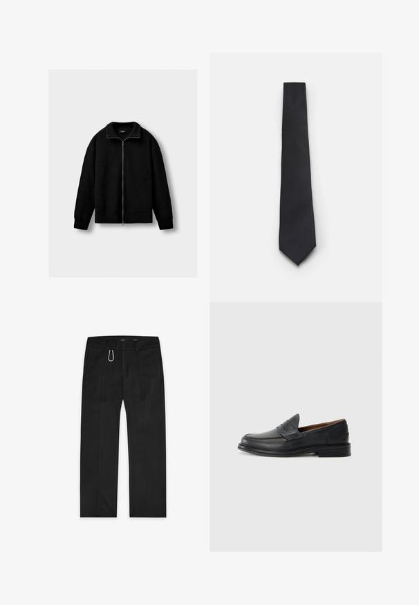 Fekete kötött, cipzáras dzseki hosszú ujjakkal, bordázott gallérral, mandzsettával és aljjal, egy sima világosszürke háttér előtt.; Két darabból álló fehér, hosszú ujjú ing, gombos elülső résszel, gallérral és mandzsettával, sima anyagból készült, mintázat nélkül.; Fekete nadrág szőtt anyagból, egyenes szárú dizájnnal, két oldalsó zsebbel, elülső cipzárral és külső hurok részlettel.; Fekete bőralapú loaferek, varrott mintával, lekerekített orral, alacsony, rétegelt sarokkal és slip-on stílussal. Simaság és enyhe fényesség jellemzi.; Keskeny fekete nyakkendő, texturált, átlós bordázott mintával. Hegyes végződéssel és sima felülettel rendelkezik. Alkalmas elegáns öltözethez.
