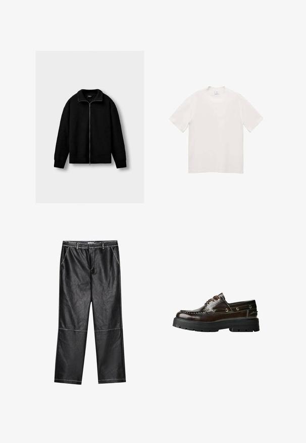 Čierna pletená bunda na zips s dlhými rukávmi a rebrovaným golierom, manžetami a spodným lemom, vystavená na jednoliatom svetlosivom pozadí.; Biele tričko s krátkym rukávom vyrobené z mäkkej látky. Okrúhly výstrih, rovný strih, bez viditeľných vzorov alebo kovových detailov.; Čierne syntetické kožené nohavice, široké nohavice, s prešívaním a prednými vreckami, s hladkou, mierne reflexnou textúrou.; Hnedé kožené lodičky s gumovou podrážkou, s vystúžením, kovovými očkami a dizajnom na šnurovanie. Robustná, ľahká konštrukcia.