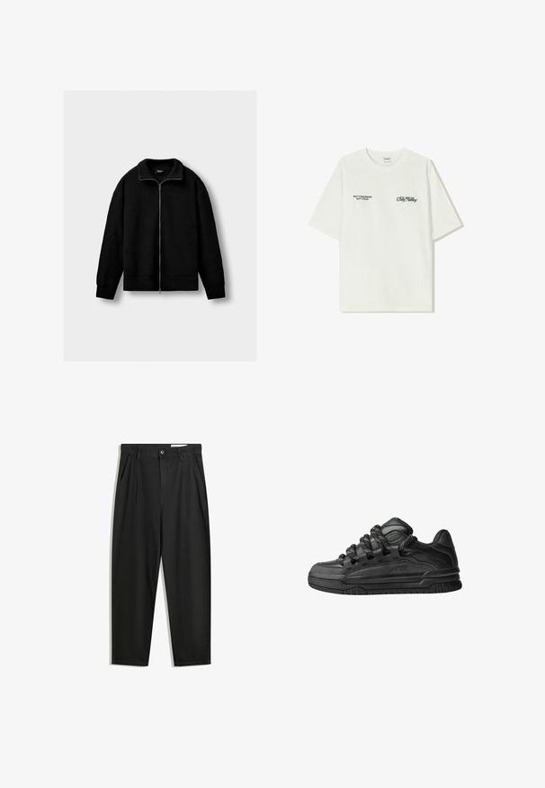 Fekete kötött, cipzáras dzseki hosszú ujjakkal, bordázott gallérral, mandzsettával és aljjal, egy sima világosszürke háttér előtt.; Fehér pamut póló rövid ujjakkal. Az elején fekete szöveg található: "NEM HOLNAP NEM MA" és "A FÖLD BŰVÉSZETE" zöld írással.; Fekete pamut nadrág laza szabással, klasszikus derékrésszel, elülső hajtásokkal és oldalsó zsebekkel. Simább textúra minta nélkül.; Fekete sportcipők sima bőrből készült felső résszel, struktúrált kiegészítőkkel, valamint kerek fekete és fehér fűzőkkel. Vastag gumitalp mintázott bordázattal.