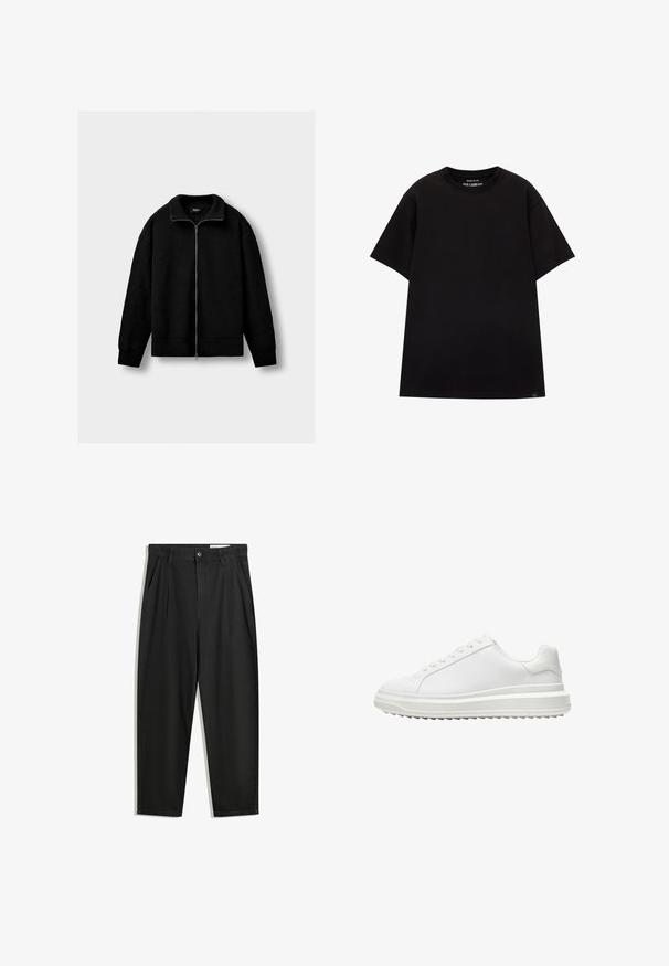 Čierna pletená bunda na zips s dlhými rukávmi a rebrovaným golierom, manžetami a spodným lemom, vystavená na jednoliatom svetlosivom pozadí.; PULL&BEAR JOIN LIFE - Základné tričko - black; Čierne bavlnené nohavice s voľným strihom, s klasickým pásom, prednými záhybmi a bočnými vreckami. Hladká textúra bez vzorov.; Biele tenisky so hladkým syntetickým zvrškom, okrúhlou špičkou, plochými šnúrkami, texturovanou podrážkou a vrstveným dizajnom platformy na zvýšenie výšky.