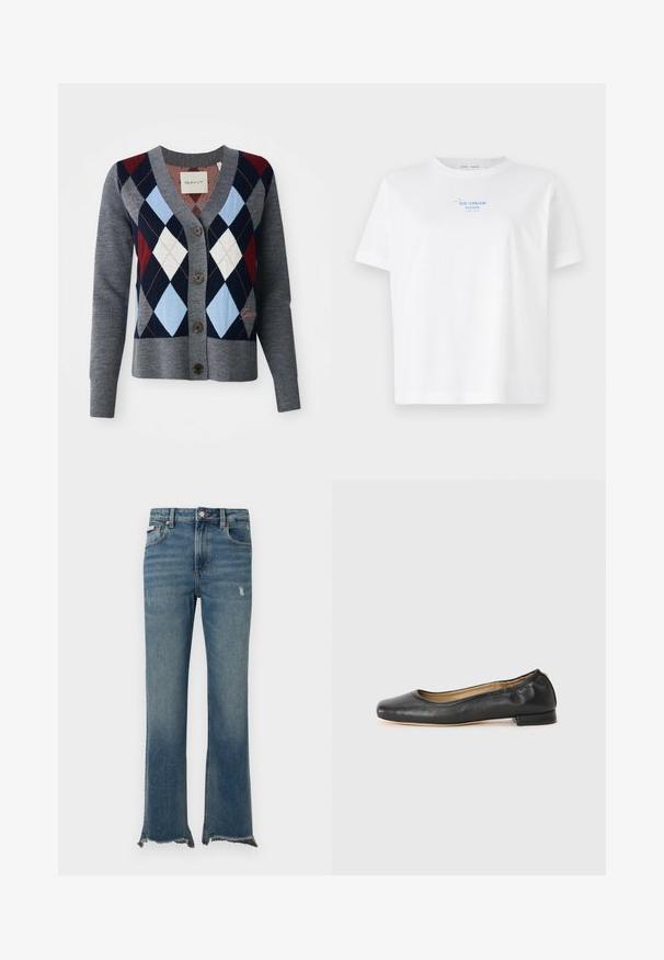 Cardigã cinza de malha com decote em V, fecho de botão e padrão argyle em vermelho, azul-marinho e azul claro. Textura suave com bainha canelada.; T-shirt de algodão branca com gola redonda e mangas curtas, apresentando um texto impresso em azul "ICE CREAM PLEASE" acima de um desenho simples de um cone de gelado.; Calças de ganga azuis com ligeiros desgastes, bainhas cruas desfiadas, bolsos frontais, passadores para cinto e fecho com botão.; Sapatilhas de balé em couro preto com bico arredondado e costura mínima. Salto retangular baixo e textura suave. Detalhe discreto no forro interior.