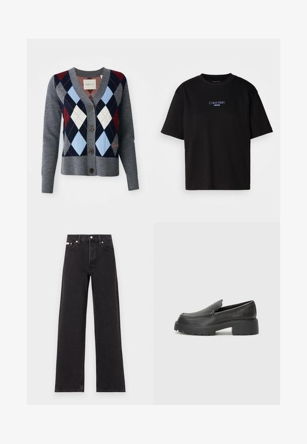 Cardigã cinza de malha com decote em V, fecho de botão e padrão argyle em vermelho, azul-marinho e azul claro. Textura suave com bainha canelada.; T-shirt preta de algodão com gola redonda, mangas curtas e logo bordado azul "Calvin Klein JEANS" na parte da frente.; Jeans de perna larga pretos feitos de denim, apresentando uma cintura alta, estilo de cinco bolsos e um fecho em botão de metal com costura contrastante.; Mocassins de couro preto com bico arredondado, sola espessa e texturizada, e detalhes de costura minimalistas. Design elegante sem atacadores ou ferragens visíveis.