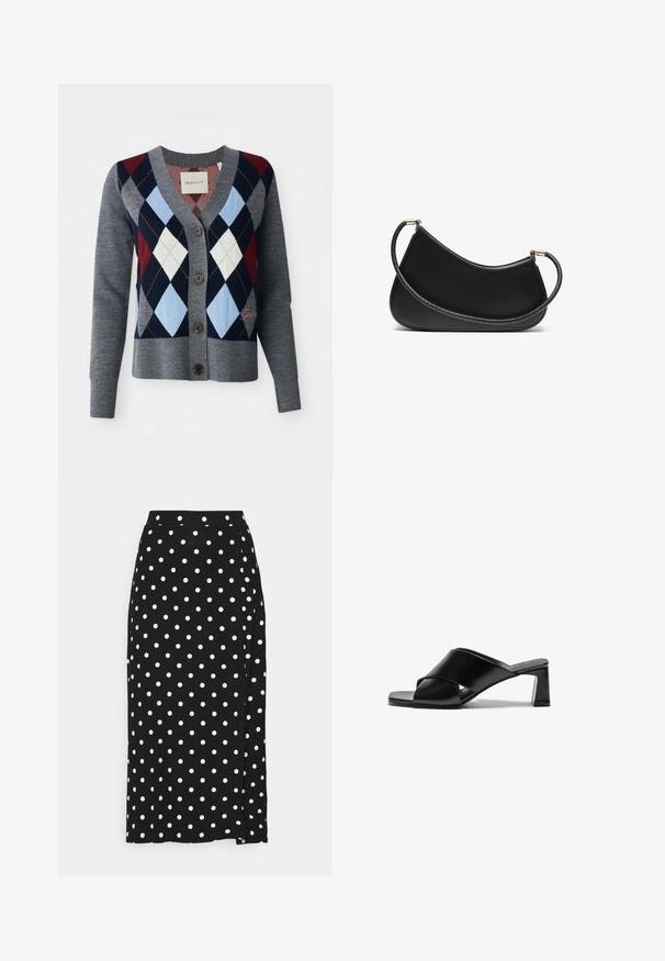 Pelēks adīts kardigāns ar V-veida kakla izgriezumu, pogu aizdari un ar argaila rakstu sarkanā, tumši zilā un gaiši zilā krāsā. Mīksta tekstūra ar ribotu apakšmalu.; Divi kokvilnas krūšturi: viens gaiši bēšā krāsā un otrs melnā, abiem ir plānas siksniņas un V-veida kakla izgriezums. Redzami etiķetes iekšpusē.; Melna svārku ar baltiem punktiņiem, izgatavoti no mīksta auduma. Iespējojusi taisnu griezumu un izgriezumu apakšā, lai nodrošinātu ērtu kustību.; Melnas ādas augstpapēžu zābakus ar pārsēju dizainu, kvadrātveida purngalu un blokveida papēdi. Gluda tekstūra ar minimālām detaļām.; Melnas ādas plecu soma ar izliekumu, aprīkota ar teksturētu siksnu un zelta tonētiem aksesuāriem augšējā aizdara daļā. Gluda apdare.