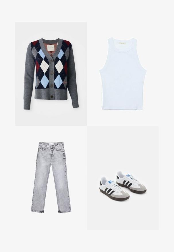 Sivý pletený kardigán s výstrihom do V, zapínaním na gombíky a argyle vzorom v červenej, námorníckej a svetlomodrej farbe. Mäkká textúra s rebrovaným lemom.; Biele tielko, rebrový textúra, okrúhly výstrih, bezrukávový dizajn, priliehavý strih, diskrétne logo na štítku vo vnútri oblasti goliera.; Šedé džínsy s rovnými nohavicami, s opotrebovaním, piatimi vreckami a meďou pokovovanými nitmi. Pás má štítok s logom.; Športové topánky s bielym koženým zvrškom, šedou semišovou špičkou a tromi čiernymi pruhmi. Obsahujú modré logo na jazyku a štruktúrovanú gumovú podrážku.