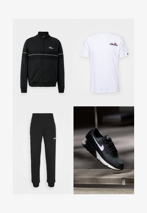 Must mustrakk musta kõrgkaelusega, esikinnise ja valgete aktsenttriipudega rinna piirkonnas. Vasakul küljel on logo.; Valge puuvillane t-särk lühikeste varrukatega, millel on vasakus rinnas tumesinine broderi logo ning logo kohal erksavärviline aktsent.; Mustad mustadest kangast valmistatud dressipüksid, millel on kitsenev jalgade disain, elastne vöökoht, küljetaskud tõmblukuga ning väike logo aksessuaar.; Must must ja rohelised tossud, millel on mustriline võrgu pealmine osa, valge Swoosh-logo, pehmendatud krae ja nähtav õhutusüksus tallas.
