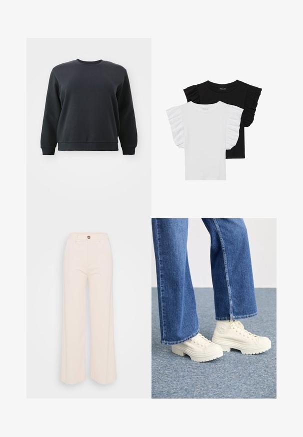 Felpa nera con collo rotondo, maniche lunghe e polsini a coste. Realizzata in un morbido mix di cotone, presenta una texture semplice e liscia.; Due magliette a manica corta: una nera con maniche arricciate e una bianca con maniche arricciate. Entrambe sono realizzate in cotone leggero.; Pantaloni a gamba larga in morbido tessuto crema, con vita alta, chiusura a un bottone e dettagli di cucitura minimi.; Sneaker alta bianche con suole spesse e rigate e dettaglio del logo circolare, indossate con jeans di denim azzurro chiaro a gamba larga.