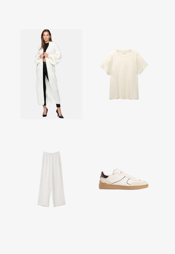 Elara Strickjacke - weiß; Helles beige T-Shirt mit kurzen Ärmeln und Rundhalsausschnitt, aus weichem, glattem Stoff gefertigt. Verfügt über eine lockere Passform und einen geraden Saum.; Weiße weit geschnittene Hose aus leichtem Stoff. Mit einem elastischen Bund und Kordelzug sowie Seitentaschen. Glatte Textur.; Stradivarius Sneaker low - white