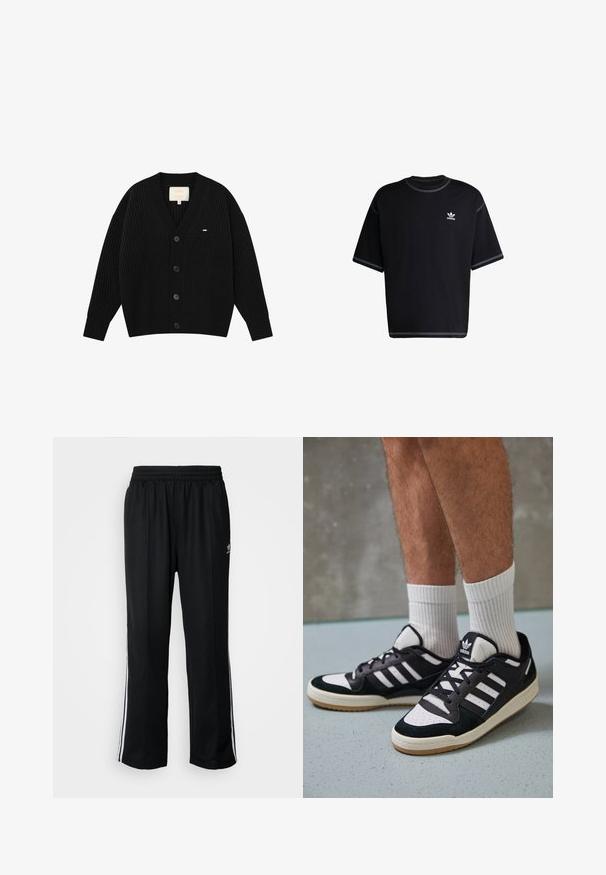 Cardigã preto com nervuras, decote em V, cinco botões grandes e um pequeno logótipo decorativo no lado esquerdo do peito. Feito de um material de malha texturizada.; T-shirt de algodão preto com mangas curtas. Apresenta um decote redondo e acentos em costura branca. Pequeno logo branco da Adidas no lado esquerdo do peito.; Calças atléticas pretas com um cós elástico, apresentando riscas brancas laterais e um pequeno logótipo. O material parece macio e leve.; Ténis em preto e branco com upper em camurça e couro, apresentando três riscas brancas, um toe perfurado e uma sola em borracha de goma.
