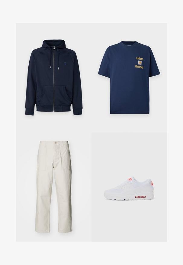 Timberland BRUSHED BACK FULL - Felpa con zip - dark sapphire/dark denim; T-shirt in cotone blu navy con maniche corte, caratterizzato da testo dorato "Carhartt University" e un patch del logo sul lato sinistro del petto.; Pantaloni a gamba larga beige chiaro in cotone. Presentano tasche frontali e chiusura con bottone. Tessuto liscio con sottili linee verticali.; Sneaker atletica bianca con tomaia liscia, chiusura con lacci, suola ammortizzata e un'unità d'aria visibile con accenti rossi sul branding.