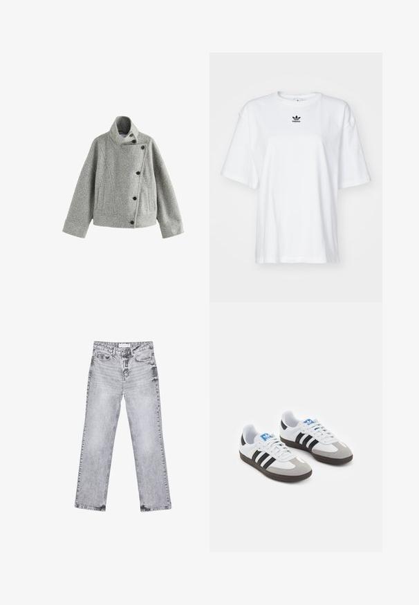 Szary wełniany żakiet z wysokim kołnierzem, ukośnym zapięciem z przodu i pięcioma czarnymi guzikami. Posiada kieszenie boczne i strukturalne szwy.; Biała, krótko rękawowa koszulka z bawełny. Posiada okrągły dekolt oraz małe, czarne logo Adidas na klatce piersiowej. Proste zakończenie.; Szare dżinsy o prostym kroju nogawki, z przetarciami, pięcioma kieszeniami i miedzianymi nitami. Pasek w talii posiada metkę z logo.; Buty sportowe z białą skórzaną cholewką, szarym zamszowym noskiem i trzema czarnymi paskami. Posiadają niebieskie logo na języku oraz teksturowaną gumową podeszwę.