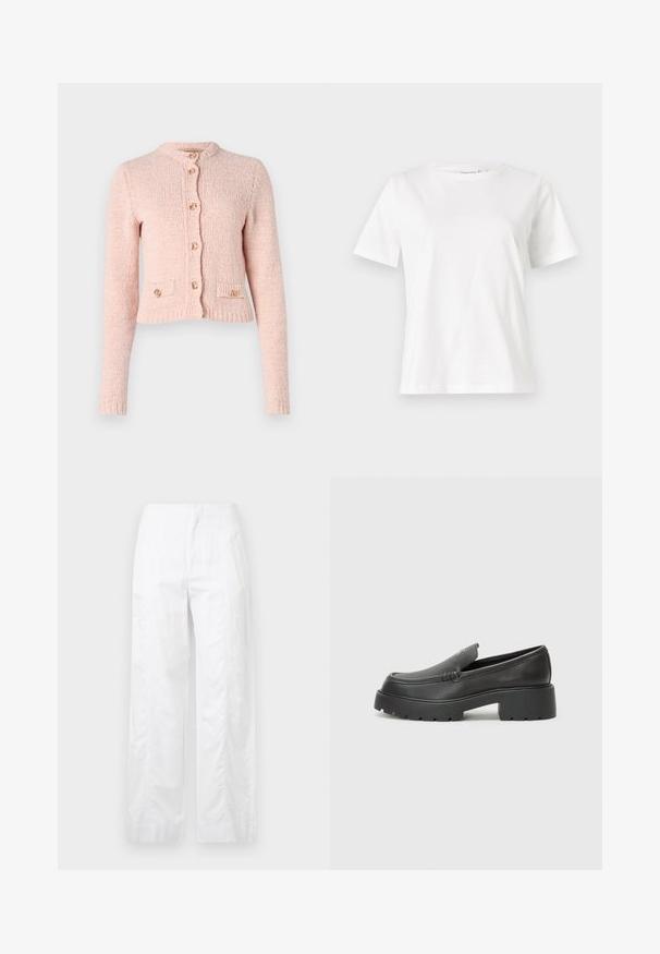 Rózsaszín, kötött kardigán hosszú ujjakkal, kerek nyakkivágással, elől gombokkal és két alsó zsebbel. Texturált anyaga és aranyszínű részletei vannak.; Fehér pamut póló rövid ujjakkal, kerek nyakkivágással és laza szabással. Sima textúra, nincsenek minták vagy díszítések, minimalista dizájn.; Fehér, széles szárú nadrág könnyű anyagból, sima textúrával, letisztult vonalakkal és magasderék kialakítással.; Fekete bőr loafer cipők kerek orral, vastag, texturált talppal és minimális varrási részletekkel. Áramvonalas dizájn, látható fűzők vagy fém részek nélkül.