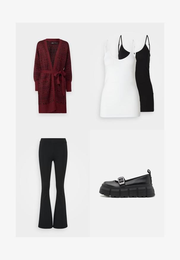 Cardigan tricotat burgund cu un model texturat, deschis în față, mâneci lungi și o curea asortată la talie.; Două topuri pentru femei: unul alb și unul negru, realizate dintr-un material moale, având bretele subțiri și un decolteu în V adânc.; Pantaloni negrii evazați dintr-un material elastic, având un talie înaltă și o textură netedă. Pantalonii se lărgesc de la genunchi.; Pantofi loafers negri, cu platformă, vârf rotunjit, din piele netedă, cu cataramă ajustabilă și talpă din cauciuc texturat, cu striuri orizontale.