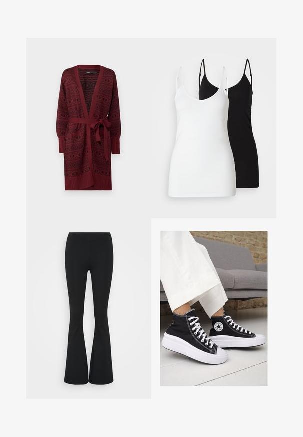 Burgundské pletené sako má textúrovaný vzor, otvorený predný diel, dlhé rukávy a zodpovedajúci opasok v oblasti pásu.; Dve dámske tielka: jedno biele a jedno čierne, vyrobené z mäkkého materiálu, s tenkými ramienkami a hlbokým výstrihom do V.; Čierne rozšírené nohavice vyrobené z elastického materiálu, s vysokým pásom a hladkou textúrou. Nohavice sa rozširujú od kolena.; Čierne plátkové tenisky s vysokým strihom a bielymi gumovými podrážkami a šnúrkami. Majú okrúhly logotyp na boku a kontrastné biele stehy.