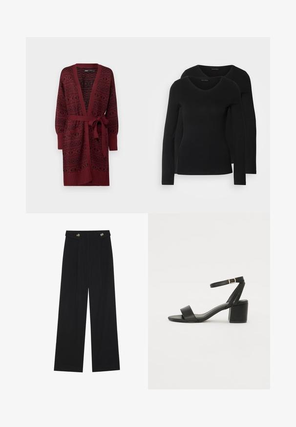 Cardigan tricotat burgund cu un model texturat, deschis în față, mâneci lungi și o curea asortată la talie.; Două cămăși negre cu mâneci lungi și decolteu în V, fabricate dintr-un material moale și elastic, cu o textură netedă și o formă ajustată.; Pantaloni negri cu picioare largi, talie înaltă, detalii cu butoane pe talie și pliseuri în față.; Sandale cu toc înalt negre, cu un superior din piele netedă, vârf deschis, curele frontale late și curea pentru gleznă ajustabilă cu detaliu din aur.