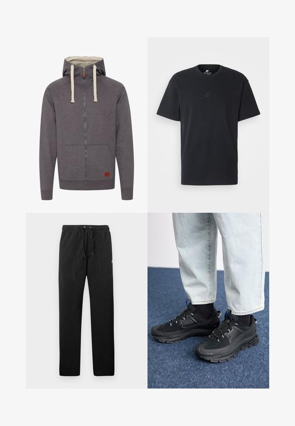 Grå zip-up hoodie med snoretræk i hætten, kengurulommer og ribbede manchetter. Har et lille mærket lædertag på fronten.; Nike sort bomulds t-shirt med en klassisk rund hals, korte ærmer og et diskret, præget logo på brystet. Glat tekstur.; Sorte sweatpants lavet af fleece, med en elastisk talje med snore, to frontlommer og et lille logo på låret.; Sorte træningssko med tekstureret stof og gummisåler, udstyret med elastiske snørebånd og en blå detalje på hælen. Bæres med lyse denimbukser.