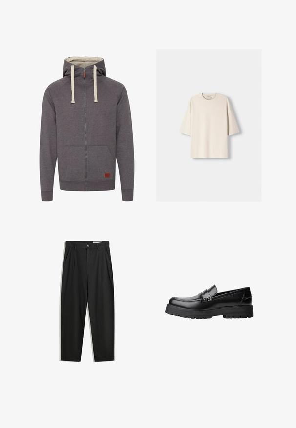 Grå zip-up hoodie med snoretræk i hætten, kengurulommer og ribbede manchetter. Har et lille mærket lædertag på fronten.; Beige oversized bomuld t-shirt med rund halsudskæring og korte, sænket ærmer. Glat tekstur, minimalistisk design, ingen mønstre eller accenter.; Sorte bomuldsbukser med en afslappet pasform, der har en klassisk talje, frontfolder og sidelommer. Glat tekstur uden mønstre.; Sort læderloafer med kraftig sål og dekorativ rem henover, vist i venstre sideprofil på hvid baggrund.