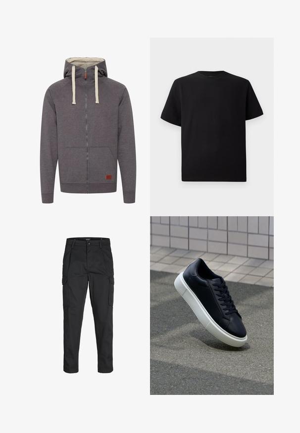 Grå zip-up hoodie med snoretræk i hætten, kengurulommer og ribbede manchetter. Har et lille mærket lædertag på fronten.; Sort kortærmet T-shirt lavet af tekstureret stof, med rund halsudskæring og en afslappet pasform. Enkel, uden mønstre eller accenter.; Sorte cargo-bukser lavet af slidstærkt stof, der har flere lommer, en knaplukning og et slim fit design med smalle ben.; Sort lædersneaker med rund tå og hvid gummisål. Har flade snørebånd og minimal syning på overdelen. Tekstureret sål for bedre greb.