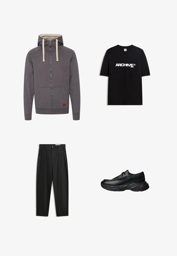 Grauer Reißverschluss-Hoodie mit einer Kapuze mit Kordelzug, Kängurutaschen und gerippten Bündchen. Es hat ein kleines, markenbezogenes Lederetikett auf der Vorderseite.; Schwarzes Baumwoll-T-Shirt mit einem weißen "ARCHIVE inc." Logo auf der Brust, kurzen Ärmeln und einem Rundhalsausschnitt.; Schwarze Baumwollhose mit lockerem Schnitt, ausgestattet mit einem klassischen Bund, vorderen Falten und Seiten taschen. Glatte Textur ohne Muster.; Schwarze Leder-Slipper mit runder Spitze und dicker, strukturiertem Gummisohle. Besitzt dezente Nähte und elastische Akzente am Schaft.