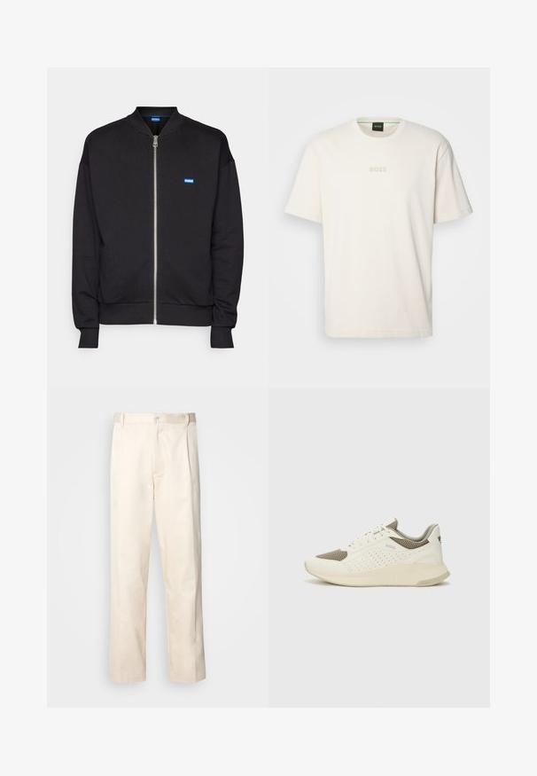 Fekete zipzáras pulóver bordás gallérral és mandzsettákkal, kék "HUGO" logóval. Egyszerű design sima textúrával, minták nélkül.; BOSS TEE - Basic póló - open white; Beige pamut nadrág egyenes szárú kivágással, gombos záródással és elülső redőkkel a részletek fokozása érdekében.; Fehér és világos bézs sportcipő, légies hálós felsőrésszel, perforált részletekkel és texturált középtalppal, amelyen a saroknál a márka logója található.