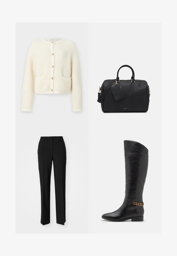 Bela, puhasta jopica z dolgimi rokavi, okroglo izrezom in zlatimi gumbi. Ima dva sprednja žepa. Mehka tekstura z udobnim videzom.; Bela srajca z dolgimi rokavi z gumbi, izdelana iz bombaža. Ima klasičen ovratnik in subtilno izvezeno blagovno znamko na prsih. Gladka tekstura.; Črne krojene hlače s direktnim krojem, ki se ponašajo z gladko teksturo in ostrimi pregibi spredaj. Ni vidne kovine.; Visoke črne usnjene škornje z eleganten dizajnom, s koničastim nosom in zlatim verižnim poudarjanjem okoli gležnja. Nizek blok peti. Gladka tekstura.; Črna usnjena športna torba z zlatim okovjem, dvojni zgornji ročaji, nastavljiv naramnico in odstranljiv žep za oznake.