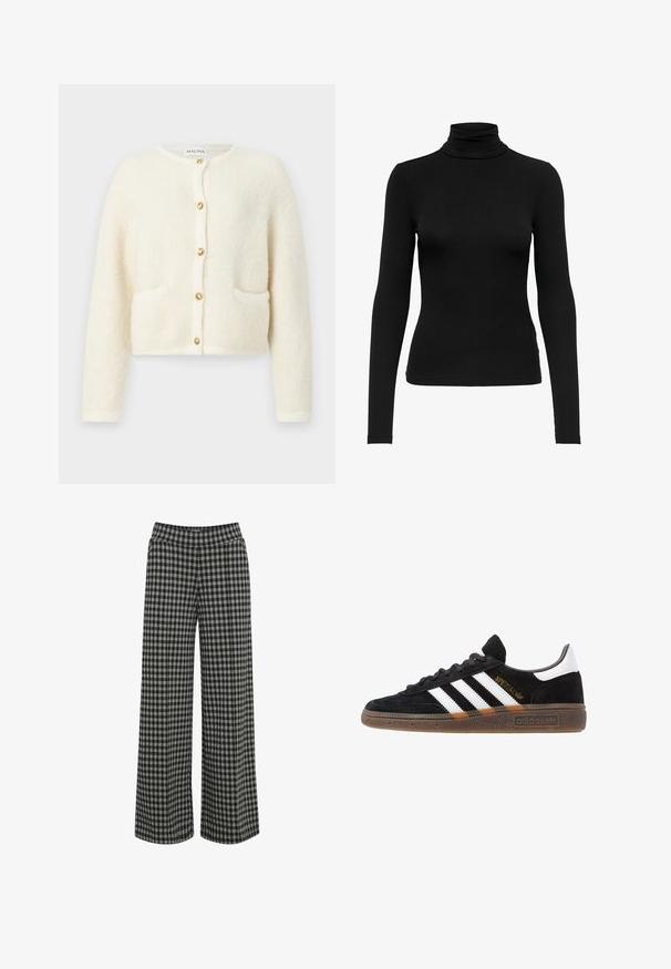 Cardigan blanc et duveteux avec des manches longues, un col rond et des boutons dorés. Il dispose de deux poches avant. Texture douce avec une apparence chaleureuse.; Haut à manches longues noir en col roulé, fabriqué en tissu côtelé ; design ajusté avec un col haut, texture lisse et sans motifs ni accents visibles.; ICHI IHKATE - Pantalon classique - vetiver; Baskets Adidas noires avec rayures blanches, inscription dorée "Spezial", semelle en gomme et languette blanche au talon, présentées en vue de profil.