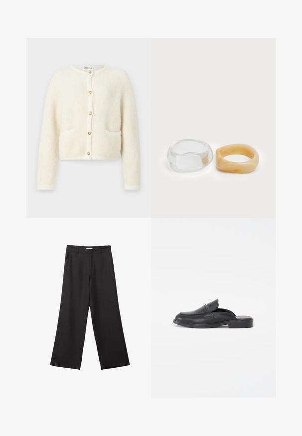 Biała, puszysta kardigan z długimi rękawami, okrągłym dekoltem i złotymi guzikami. Posiada dwie przednie kieszenie. Miękka tekstura z przytulnym wyglądem.; Koszulka w paski wykonana z bawełny, z poziomymi paskami w kolorze granatowym i białym, z okrągłym dekoltem i krótkimi rękawami. Gładka tekstura.; Czarne spodnie z szerokimi nogawkami, wykonane z gładkiego materiału, z przednim zamkiem błyskawicznym i dwoma bocznymi kieszeniami, o dopasowanym kroju i minimalistycznym wzornictwie.; Czarne skórzane buty wsuwane z zaokrąglonym noskiem i niskim słupkowym obcasem. Posiadają ozdobny pasek na górnej części oraz gładką fakturę.; Jasne i bursztynowe pierścionki z żywicy, jeden gładki i przezroczysty, drugi z teksturowanym, bursztynowym wykończeniem. Oba mają zaokrąglone, masywne kształty.