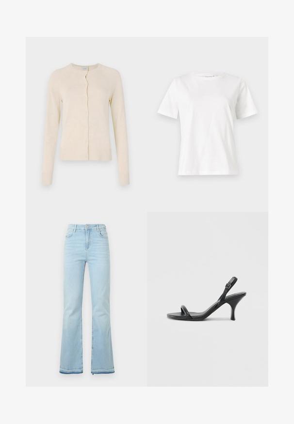 Krem kardigan od mekog pletenog materijala, s okruglim izrezom, prednjim kopčanjem na gumbe te rebrastim manžetama i rubom. Glatka tekstura.; Bijela pamučna majica s kratkim rukavima, okruglim izrezom i opuštenim krojem. Glatka tekstura, bez uzoraka ili akcenata, minimalistički dizajn.; Svijetloplave traperice s širim nogavicama, visokog struka, s prednjim džepovima i sirovim rubom na manžetama za ležeran izgled.; Crne kožne sandale na visoku petu s tankom, zakrivljenom petom i dizajnom prekriženih traka. Podesiva traka oko gležnja. Glatka tekstura.
