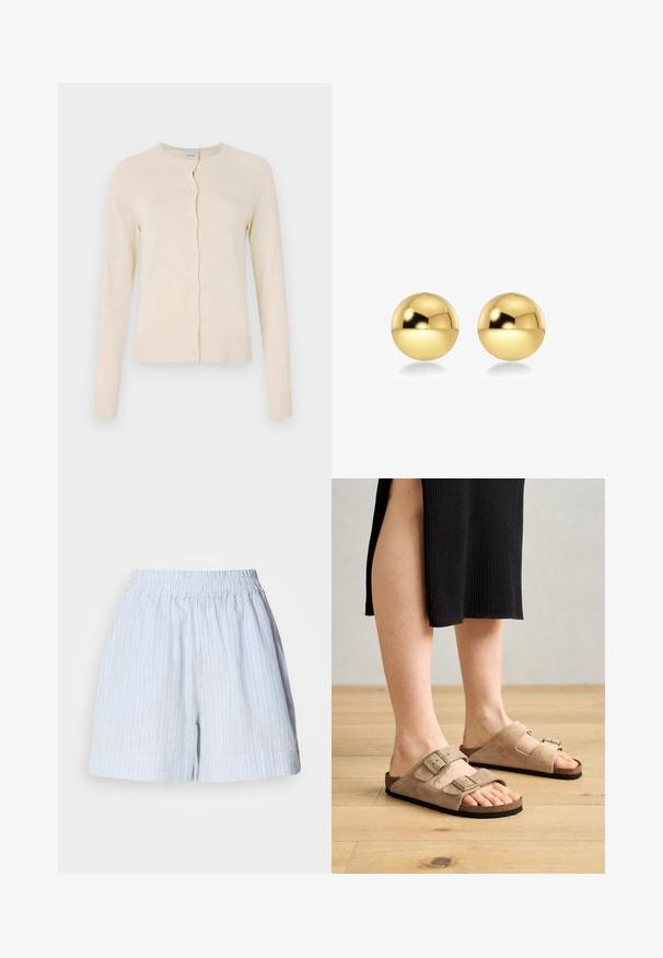 Cardigan de color crema hecho de un suave tejido de punto, con un escote redondo, cierre de botones y puños y dobladillo acanalados. Textura suave.; Top blanco sin mangas con detalles de volantes, textura fruncida y cintura elástica. Fabricado en suave tejido de algodón.; Pantalones cortos de color azul claro con rayas verticales blancas y azul oscuro. Cuentan con una cinturilla elástica y un ajuste relajado. Fabricados con un material suave.; Sandalias de ante beige con dos correas ajustables, plantilla de corcho y suelas de goma, exhibidas en pies sobre un fondo de suelo de madera.; Pendientes esféricos de color dorado con una superficie brillante y reflectante. El diseño es simple y suave, creando un aspecto moderno y minimalista.