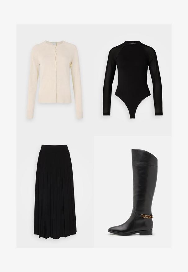 Crème-kleurige cardigan van zachte gebreide stof, met een ronde halslijn, knoopsluiting aan de voorkant en ribgebreide mouwen en zoom. Gladde textuur.; Zwart langemouwen bodysuit met hoge hals, met een ondoorzichtige stof op het lichaam en transparante mouwtjes, ontworpen in een fitted model.; Zwarte plissé rok met een hoge, elastische tailleband. Gemaakt van zachte stof, met verticale plooien voor een vloeiende silhouet.; Hoge zwarte leren laarzen met een slank ontwerp, spitse neus en een gouden kettingaccent bij de enkel. Lage blokhak. Glad textuur.