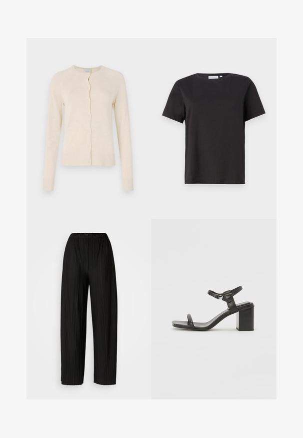 Cream-colored cardigan made of soft knit fabric, featuring a round neckline, button front, and ribbed cuffs and hem. Smooth texture.; Black cotton t-shirt with short sleeves, a crew neckline, and a simple, clean design. No visible patterns or embellishments.; Black pleated wide-leg pants with an elastic waistband. The fabric features vertical pleats and a smooth texture.; Black leather block-heeled sandal with a wide strap across the toe and an adjustable ankle strap, featuring a sleek, minimalist design.