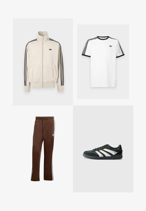 Béžová bunda na zip z hladké látky, s černými trojpruhy na rukávech a malým černým logem na hrudi.; Bílý bavlněný tričko s černým žebrovaným výstřihem a rukávy, s třemi černými pruhy na každém rameni a malým logem na hrudi.; Hnědé sportovní kalhoty vyrobené z hladké tkaniny, s bílými bočními pruhy a elastickým pasem. Obsahují kapsy na obou stranách.; adidas Performance PREDATOR FREESTYLE JUDE INDOOR FOOTBALL SHOES - Sálové kopačky - core black/silver-coloured/glory blue