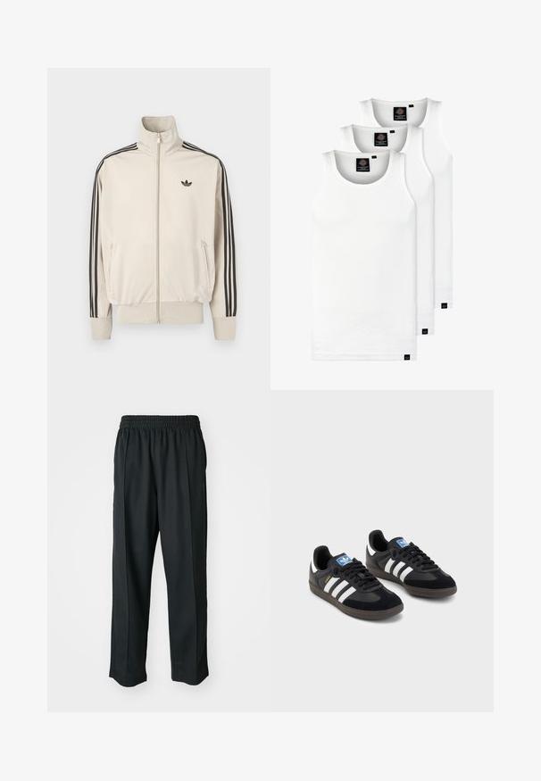 Beige zip-up jacket made of smooth fabric, featuring black three-stripe accents on sleeves and a small black logo on the chest.; Three white ribbed tank tops made of cotton. Features a crew neck and small black labels near the hem. Available in multiple sizes.; Black athletic pants with an elastic waistband, made of smooth fabric, featuring subtle side stitching and a relaxed fit, straight leg design.; Black sneakers with a suede and synthetic upper, featuring three white stripes, textured rubber sole, and blue logo tag on the tongue.