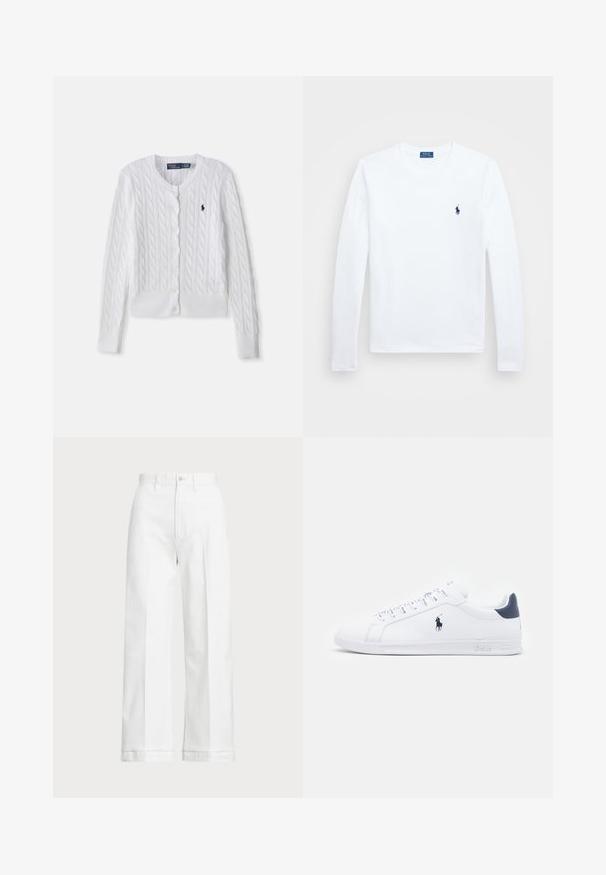 Bela jopica s pletenico in okroglim izrezom, z gumbnim zapiranjem spredaj ter rebrastimi manšeti in robom. Majhna oznaka na prsih.; Bela dolga majica z dolgimi rokavi, bombažni material, okrogla neckline, z majhnim mornarsko modrim logotipom na levem prsnem delu. Preprost dizajn, običajen kroj.; Bele široke hlače z visokim pasom, ki imajo gumbasto zapiranje in diskretne šive. Narejene so iz bombaža z gladko teksturo.; Bele športne copate iz belega usnja z gladko površino, mornarsko modrimi detajli in majhnim logotipom na strani. Imajo ravne vezalke in teksturiran gumijast podplat.