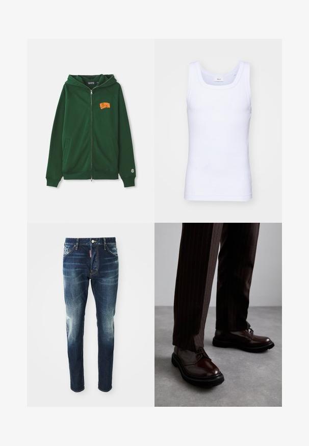 Tmavá zelená mikina na zips s oranžovým logom "Billionaire Boys Club" na hrudi a malou okrúhlou nášivkou na manžete ľavého rukáva.; Biela bavlnená tielko bez rukávov s okrúhlym výstrihom, s hladkou textúrou a priliehavým strihom, navrhnuté pre neformálne nosenie.; Tmavomodré džínsy so slim fit strihom, s bledšími miestami na stehnách a kolenách, piatimi vreckami a kovovým zapínaním.; Hnedé kožené šnurovacie topánky s lesklým povrchom, čierna gumová podrážka a jemné švy. Nosené s hnedými prúžkovanými nohavicami.