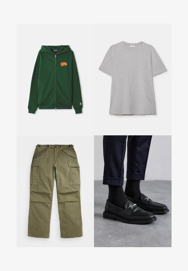 Mørkegrønn zip-up hettegenser med oransje "Billionaire Boys Club" logo på brystet og liten rund applikasjon på venstre ermekant.; Grå kortermet T-skjorte laget av myk, teksturert stoff. Har en klassisk rund hals og en rett kant, passende for uformell bruk.; Olivengrønne cargo bukser lavet af tekstureret stof, med flere lommer foran og i siden samt forstærket syninger i sømmene.; Sorte skinnloafers med teksturert finish, sølvfarget detaljer, kombinert med mørke sokker og oppbrettede marineblå bukser.