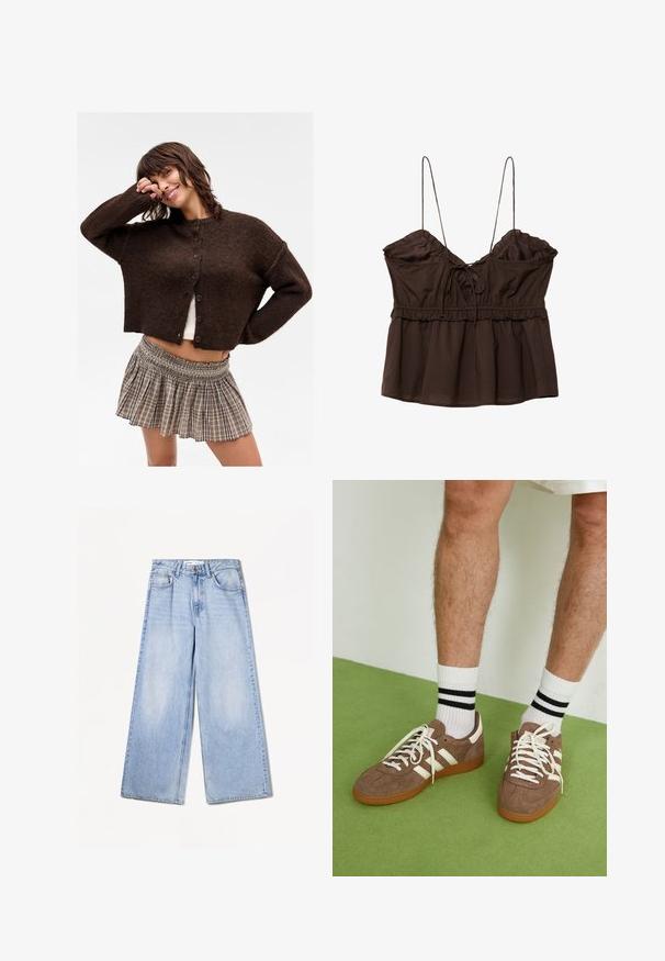 Rintal brown cardigan yang dipotong dengan rajutan tekstur dan kancing di bagian depan. Dipadukan dengan rok mini plaid berlipat.; Ruskea, hihaton toppi, jossa on kootut rintakappaleet, säädettävät spagettiolkaimet, röyhelöreunat sekä rento istuvuus, jossa on nyöriyksityiskohta.; Bershka WIDE-LEG - Leveälahkeiset - light-blue denim; Ruske nahkate sneakerit valkoisilla korostuksilla ja nauhoilla. Kumi-gumipohja. Yhdistetty valkoisiin sukkiin, joissa on mustia raitoja. Vihreä teksturoitu lattia.