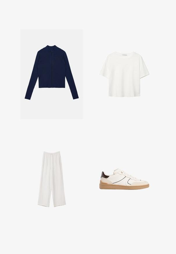 Granatowa, prążkowana bluza z zamkiem błyskawicznym, z okrągłym kołnierzem, długimi rękawami i skróconym krojem. Teksturowana tkanina o gładkim wykończeniu.; Biała koszulka z krótkim rękawem, wykonana z bawełny. Posiada okrągły dekolt i luźny krój. Gładka faktura bez widocznych wzorów czy akcentów.; Białe spodnie o szerokich nogawkach wykonane z lekkiego materiału. Posiadają elastyczny pas z sznurkiem i boczne kieszenie. Gładka tekstura.; Stradivarius - Sneakersy niskie