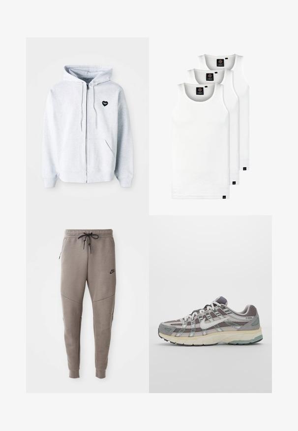 Siva zip-up kapuca izdelana iz mehkega materiala, ki ima srčasto črno logo na levem prsnem delu in kengurujčkasta žepa.; Tri bele rebraste majice brez rokavov iz bombaža. Imajo okroglo izreza in majhne črne etikete blizu roba. Na voljo v več velikostih.; Sive Nike trenirke z vrvico v pasu, pripete noge, stranske žepke in izrazitim šivom. Mehka, teksturirana tkanina.; Sive športne čevlje z zgornjim delom iz mrežastega in semiš materiala, belimi akcenti, oblazinjenim podplatom ter edinstvenim dizajnom z odsevnimi elementi.
