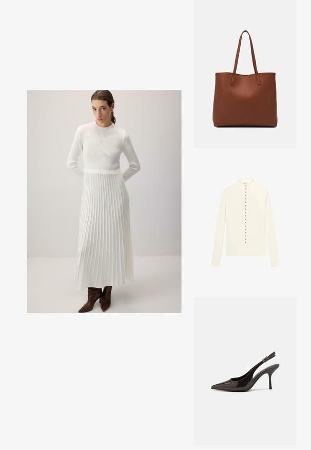 Cream-colored long-sleeve cardigan with a round neckline and a row of metallic buttons down the center. Smooth texture, no patterns.; Long, ribbed sweater dress in white with long sleeves and a fitted bodice. Pleated skirt flows to the ankle, paired with brown pointed-toe boots.; Slingback high-heeled shoe in glossy dark brown patent leather, pointed toe, open sides, and adjustable ankle strap.; Brown leather tote bag with a smooth texture, open top design, and two shoulder straps. Features minimal stitching and no visible hardware.