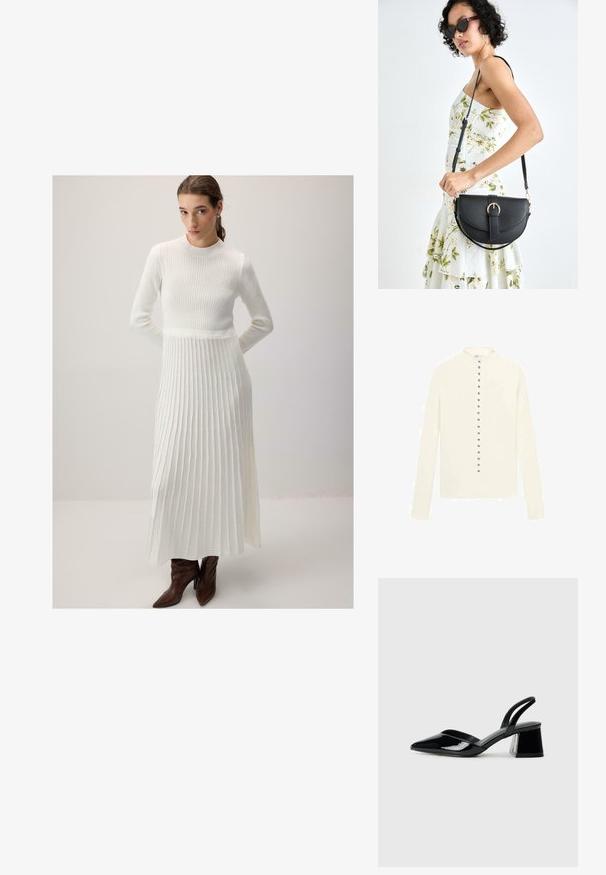 Krämfärgad långärmad cardigan med rund hals och en rad av metallknappar i mitten. Slät textur, inga mönster.; Lång, ribbad klänningströja i vitt med långa ärmar och ett åtsittande liv. Plisserad kjol som flyter ner till anklarna, kombinerad med bruna spetsiga stövlar.; Svarta lackläder slingback klackar med spetsig tå och geometrisk klack. Har en elegant, minimalistisk design och slät yta.; Svart läderhandväska med en böjd form, avtagbar rem och guldiga detaljer. Väskan har ett lock med en spänndetalj.