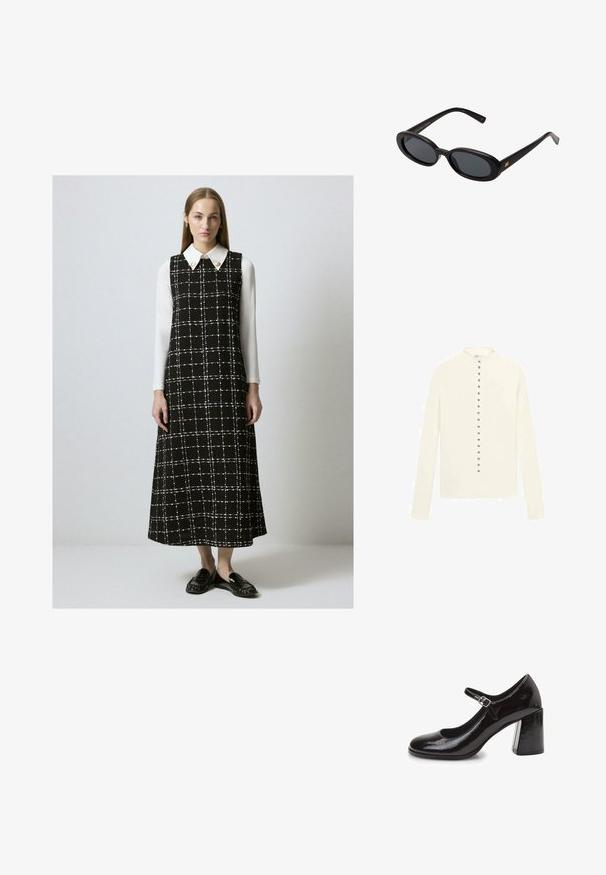 Crème-kleurige langste cardigan met een ronde hals en een rij metalen knopen in het midden. Glad textuur, geen patronen.; Vrouw in een zwart-wit geruite mouwloze jurk over een wit langemouwen shirt, gecombineerd met zwarte loafers, staande tegen een effen achtergrond.; Zwarte patenten leren Mary Jane-schoenen met een ronde neus, enkelband met een metalen gesp en een stevige blokhak. Glad, glanzend oppervlak.; Zwarte oversized zonnebril met ovale lenzen, een glad plastic montuur en gouden accenten op de pootjes. Donkere lenzen bieden bescherming tegen de zon.
