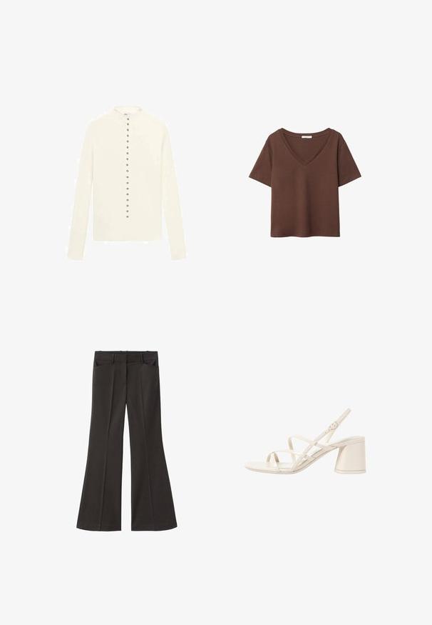 Krémový dlouhý svetr s dlouhým rukávem a kulatým výstřihem, seřazený s řadou kovových knoflíků uprostřed. Hladká textura, bez vzorů.; Hnědý bavlněný tričko s krátkými rukávy a hlubokým V-výstřihem. Jednoduchý design, měkká textura a rovný lem. Žádné vzory ani akcenty.; Černé rozšířené kalhoty s vysokým pasem; mají dvě přední kapsy a hladkou texturu látky. Vhodné pro různé příležitosti.; Béžové sandály na podpatku s tenkými překříženými pásky, otevřenou špičkou a čtvercovým blokovým podpatkem. Hladký lakovaný povrch, nastavitelný pásek kolem kotníku.