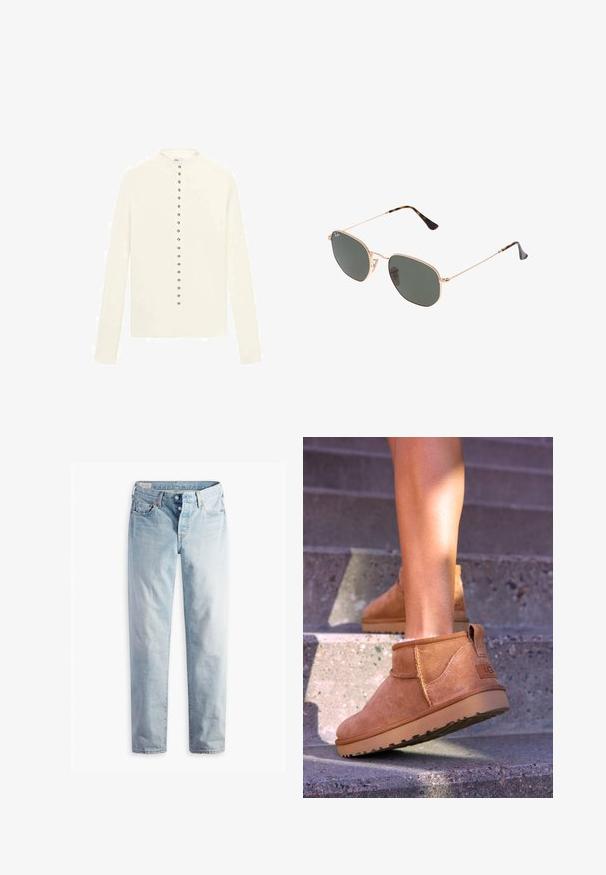Cremfarbener Langarm-Cardigan mit rundem Ausschnitt und einer Reihe metallischer Knöpfe in der Mitte. Glatte Textur, keine Muster.; Weißes, kurzärmliges T-Shirt aus weicher Baumwolle mit rundem Ausschnitt und Raglanärmeln, das einen lockeren, geraden Schnitt ohne Muster aufweist.; Hellblaue Jeans aus Denim mit geradem Bein, zwei Fronttaschen und zwei Gesäßtaschen. Enthält einen Zwei-Knopf-Reißverschluss und dezente Nähte.; Beige Wildleder-Ankelstiefel mit weicher Textur, gesteppten Details und einer Gummisohle, ausgestattet mit einer Schlaufe an der Ferse für einfaches An- und Ausziehen.; Goldfarbene Metallrahmen-Sonnenbrillen mit dunkelgrünen Gläsern im Pilotenstil, mit schlanken Bügeln und Schildpatt-Akzenten an den Spitzen.; Lauren Ralph Lauren PEBBLED LEATHER SMALL TANNER SATCHEL - Handtasche - camel