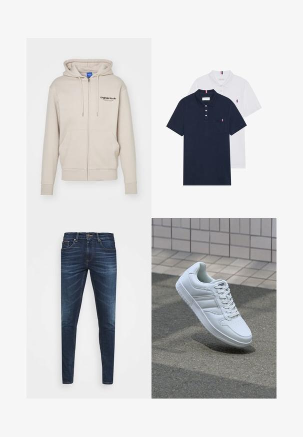 Bež kapuutsiga jooksupusa, millel on söejooned, kaks eesmist taskut, ribapitsid ja "Originals Studio" logo vasakul ülal. Sile tekstuur.; Kaks polo särki: üks tumesinine ja üks valge, mõlemal on rinnataskul ja krael väike punase, valge ja sinise aktsent.; Tumedat sinised teksad kitsas lõikes, kerge kulumisega, viie taskuga ja metallnööbiga sulgemine. Õmmeldud aktsendid kontrastsetes värvides.; Valge spordijalanõud silederja nahkvarrega, ninast paeltega, perforatsiooni tõttu ventilatsiooniga ning mustrilise tallaga. Minimalistlik disain, millel on kolm külgmist triipu.