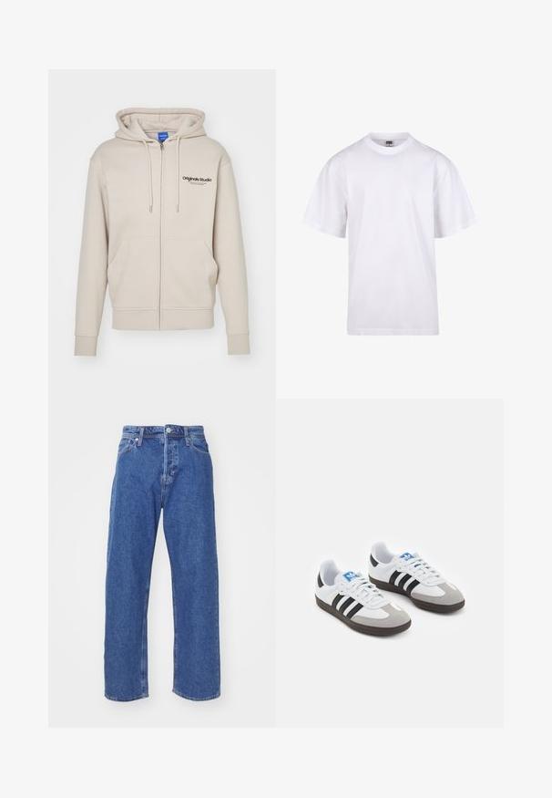 Bežová mikina na zips s kapucňou so sťahovacou šnúrkou, dvomi prednými vreckami, rebrovanými manžetami a logom "Originals Studio" na hornej ľavej strane. Hladká textúra.; Biela bavlnená tričko s okrúhlym výstrihom, krátkymi rukávmi a voľným strihom. Má jednoduchý dizajn bez vzorov alebo akcentov.; Modré denimové nohavice so strihať rovného strihu, ktoré majú gombíkový a zipsový zapínanie, pät uzamykací štýl a minimálne detaily šitia.; Športové topánky s bielym koženým zvrškom, šedou semišovou špičkou a tromi čiernymi pruhmi. Obsahujú modré logo na jazyku a štruktúrovanú gumovú podrážku.