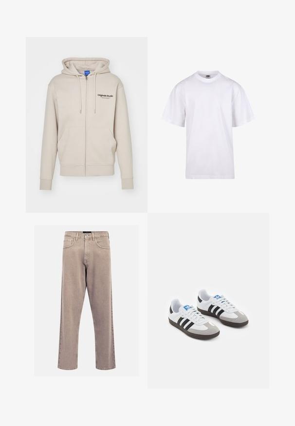 Šviesiai rudas zip-up džemperis su šnurku, dviem priekinėmis kišenėmis, guminiu rankogaliu ir "Originals Studio" logotipu viršutiniame kairiajame kampe. Lygus paviršius.; Balta medvilnės marškinėliai su apvaliu iškirpimu, trumpomis rankovėmis ir laisvu siluetu. Turi paprastą dizainą be raštų ar akcentų.; Bežinės tiesių kojų džinsai, pagaminti iš džinsinio audinio, su klasikinio penkių kišenių dizainu, siuvinėjimo akcentais ir tvarkingai apdirptu kraštu.; Sportiniai batai su balta odine viršutine dalimi, pilku zomšiniu priekiu ir trimis juodomis juostelėmis. Ant liežuvio yra mėlynas logotipas, o padas pagamintas iš tekstūruoto gumos.