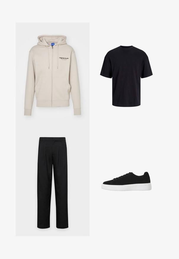 Beige džemperis ar rāvējslēdzēju un kapuci ar auklu, divas priekšējās kabatas, džersija maliņas un "Originals Studio" logo augšējā kreisajā pusē. Gluda tekstūra.; Melns kokvilnas T-krekls ar apaļu kakla izgriezumu, īsām piedurknēm un brīvu piegriezumu. Gluda tekstūra un nav redzamu rakstu vai akcentu.; Melnas bikses, izgatavotas no gludas auduma, ar taisnu kāju dizainu, divām priekšējām krokām un standarta jostu, kurai ir āķi.; Melnas zamšādas sporta kurpes ar noapaļotu purngalu, saistāmām auklām un baltu gumijas zoli. Vienkāršs dizains ar minimālām akcentiem un gludu tekstūru.