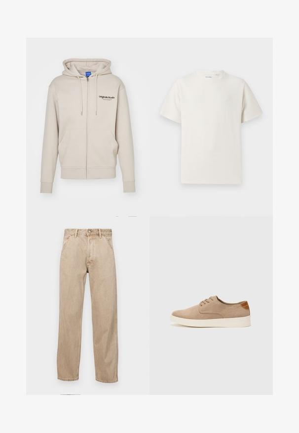 Beige Zip-Hoodie mit einer Kordelzugkapuze, zwei Fronttaschen, gerippten Bündchen und dem "Originals Studio"-Logo auf der oberen linken Seite. Glatte Textur.; Weißes T-Shirt mit kurzen Ärmeln in gerippter Textur. Runder Ausschnitt, lockere Passform, keine sichtbaren Muster oder Akzente. Einfaches und vielseitiges Design.; Beige Denim-Jeans mit geradem Beinschnitt, ausgestattet mit Vordertaschen, einem Metallknopfverschluss und feiner Textur.; Beige Wildleder-Sneaker mit runder Zehenpartie, Schnürung und strukturiertem Rückenteil. Die weiße Gummisohle sorgt für einen Kontrast. Einfaches und modernes Design.