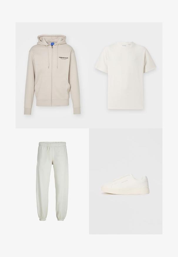 Felpa con zip beige, cappuccio con lacci, due tasche frontali, polsini a coste e logo "Originals Studio" in alto a sinistra. Texture liscia.; T-shirt bianca a maniche corte in texture a coste. Girocollo, vestibilità rilassata, senza modelli o accenti visibili. Design semplice e versatile.; Pantaloni tuta bianchi realizzati in tessuto morbido, dotati di vita e polsini elastici, con una texture liscia e una vestibilità ampia.; Sneakers bianchi slip-on con superficie texturizzata, suola spessa e design minimalista. Presentano il logo del marchio sul lato.